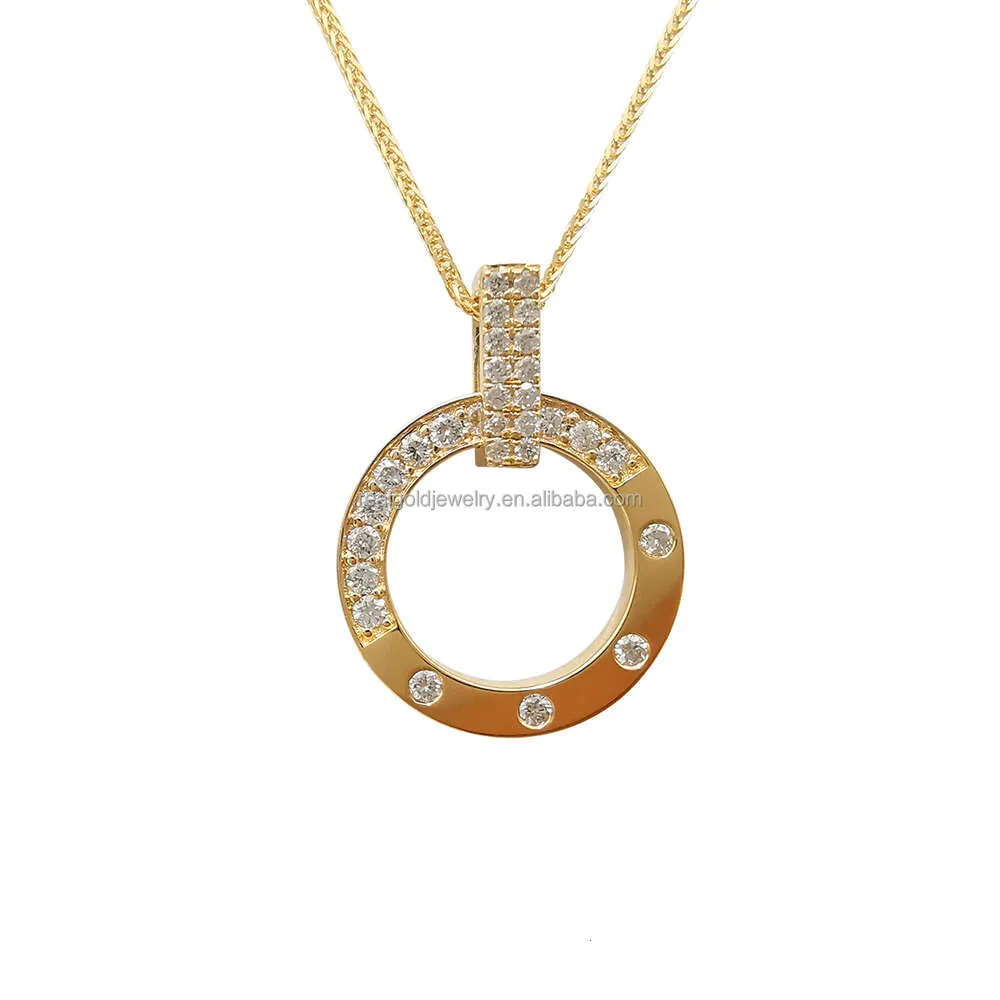 Circle Pendant Gorgeous Solid Gold Diamonds Paved Necklace