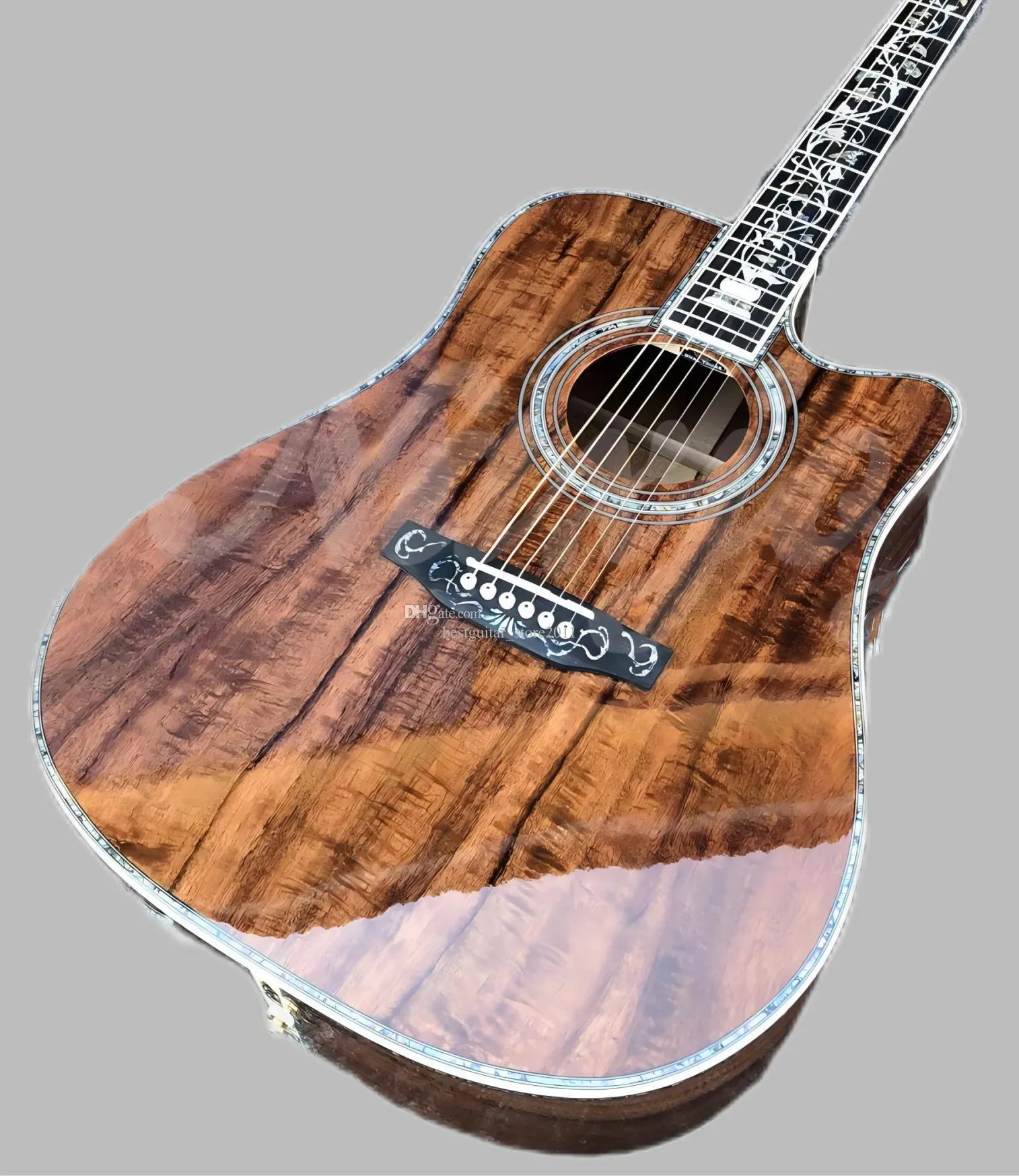 41 Guitare acoustique de type D en bois Koa Abalone Tree of Life avec touche en ébène