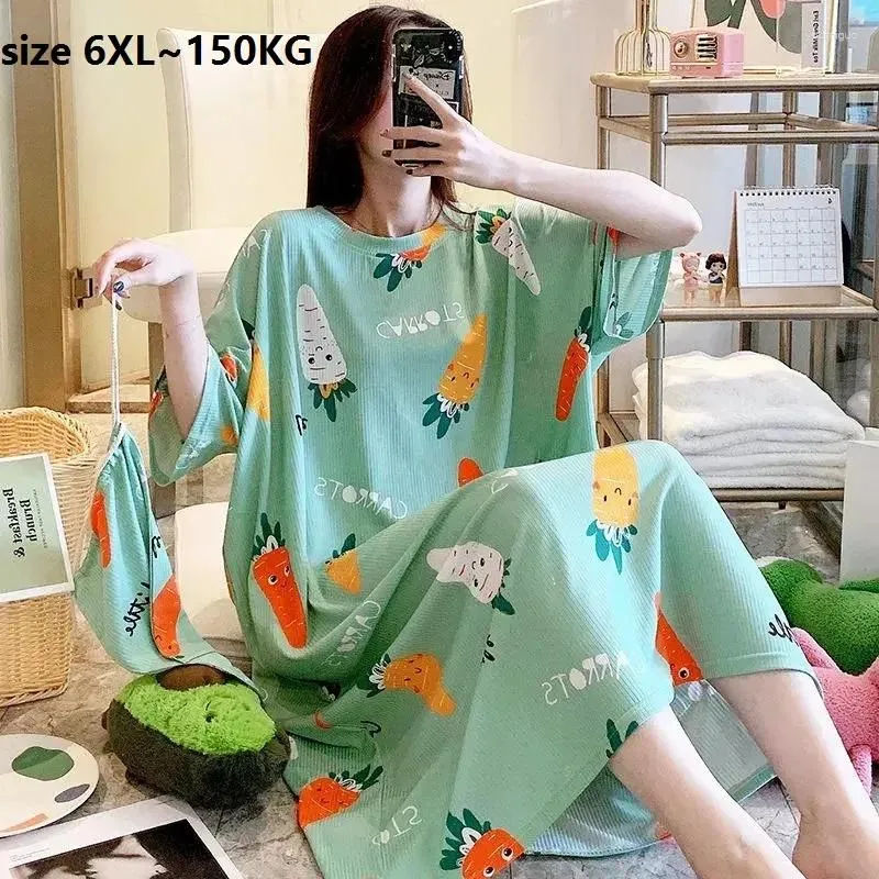 Indumenti da notte da donna Plus Size 6XL 150KG Abito da notte lungo Manica corta da donna O-Collo Cartoon stampato Casual Oversize Summer Home