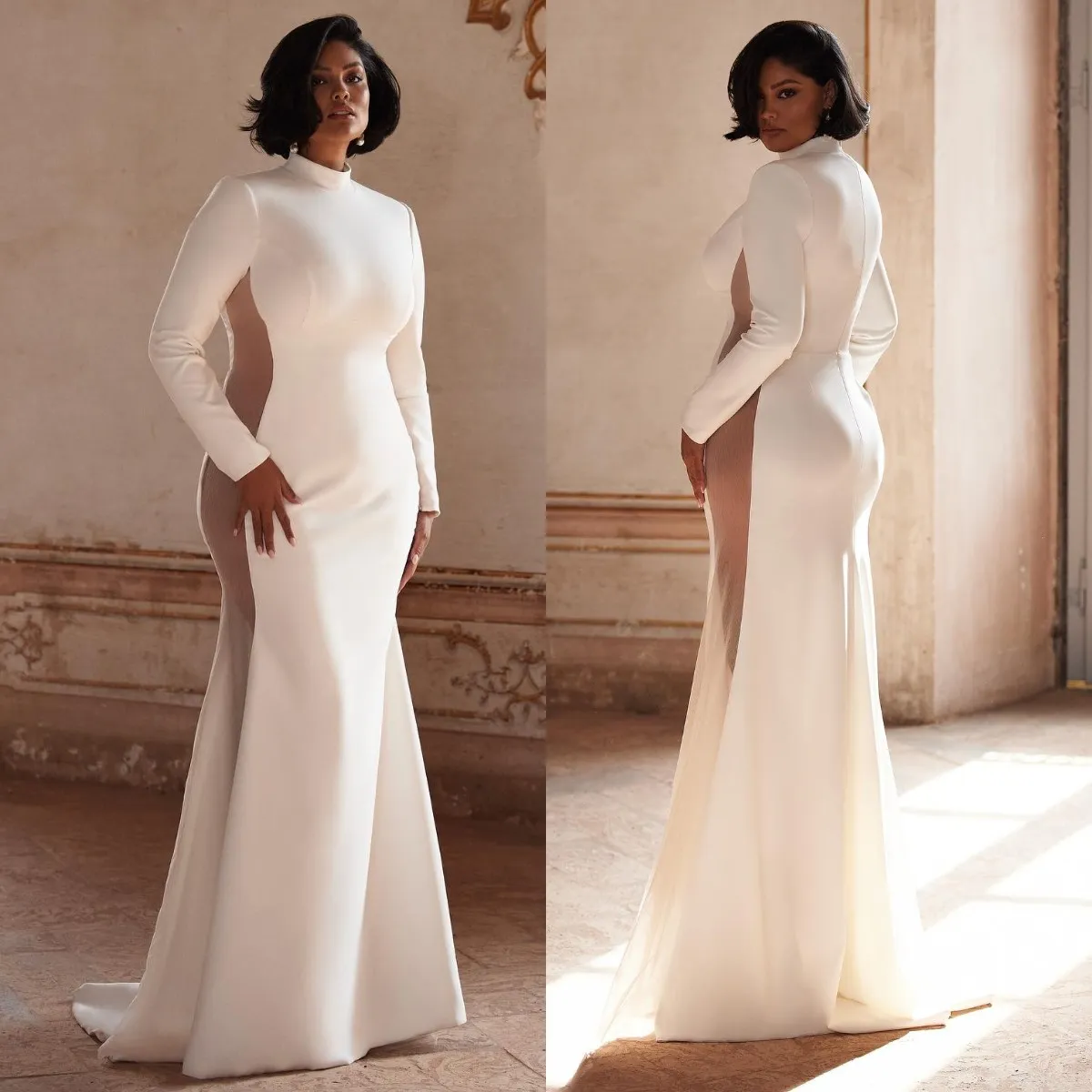 Milla Nova Robes de mariée sirène, plus la taille pour fille noire col haut robe de mariée manches longues illusion côté robes de mariée de mariage