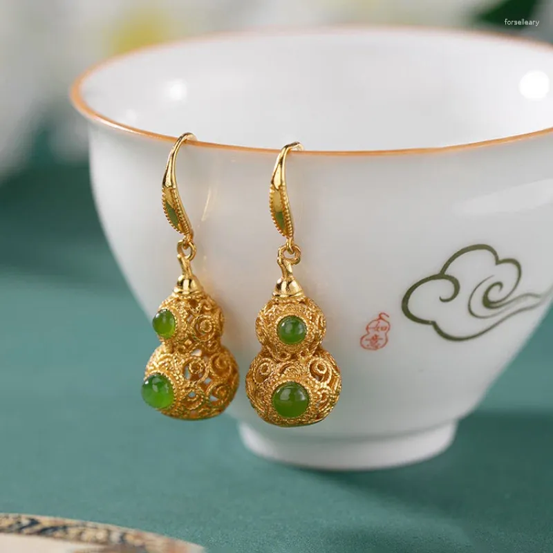 Dangle Earrings Creative Inlaid Natural Jasper Hollow Gourd Chinese Style Retro Unique Ancient Gold Craft Charm Female Jewelry