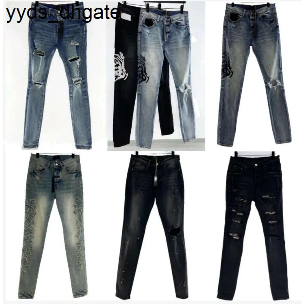 Paarse jeans ontwerpers heren Jean Hombre broek heren borduurwerk patchwork merk motorfiets broek heren skinny gescheurd voor trend vintage YO20