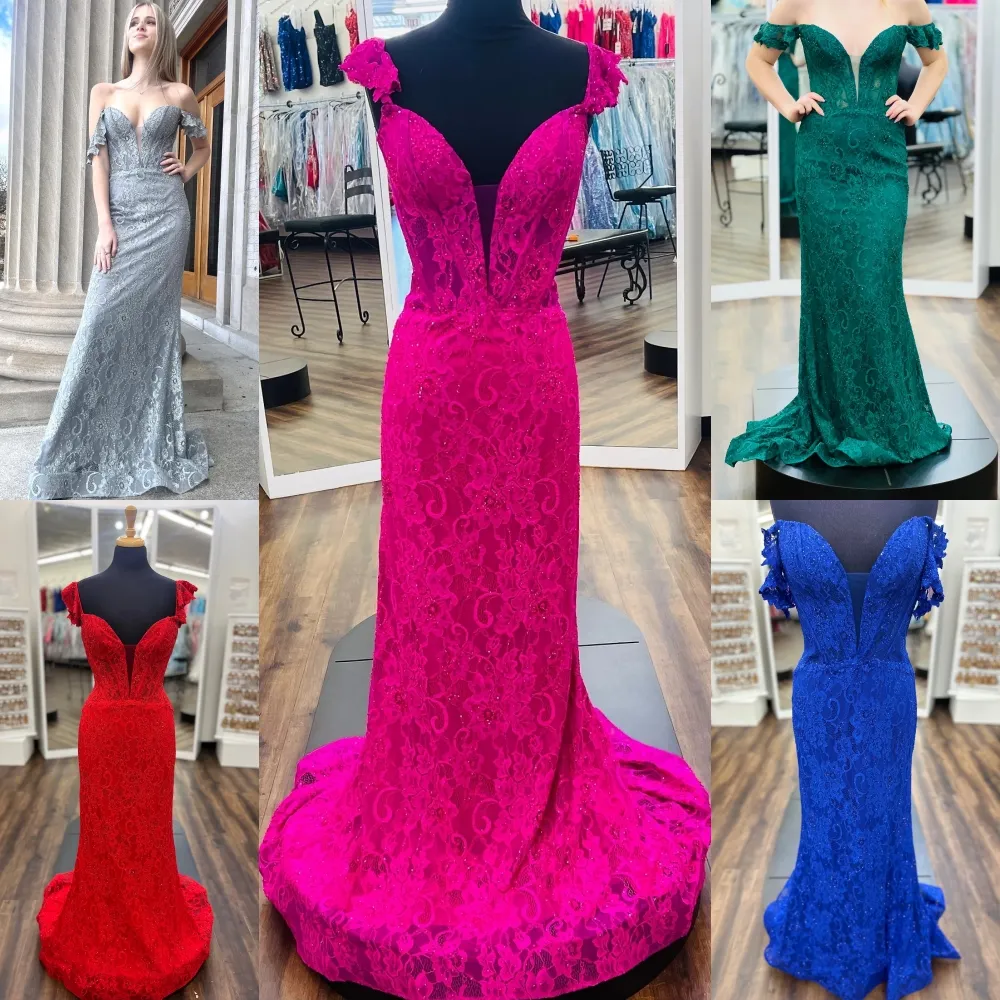 Stretch Lace Prom Dress 2k24 Corset Off-Shoulder Fitted Pageant Sorority Formal Evening Event Special Occasion Gala Cocktail Red Carpet Runway Bridesmaid Gown Blue