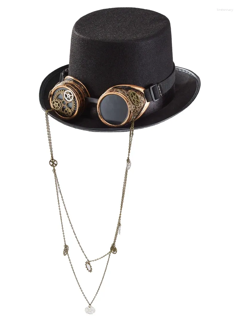 Berets Steampunk Hat With Goggles Gothic Gears Chain Black Top Men Women Fedora Cosplay Anime Head Wear