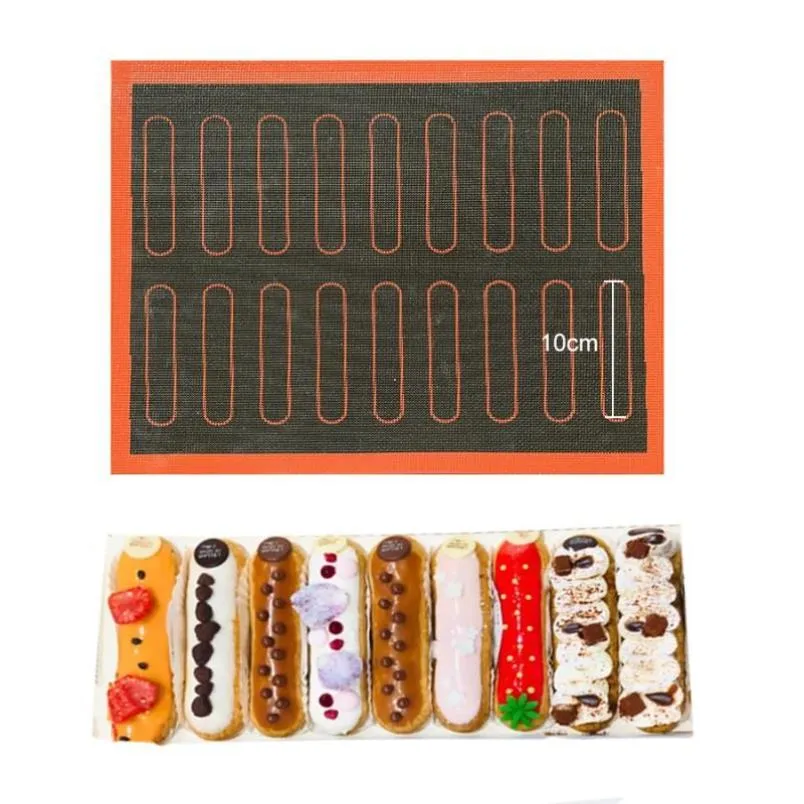 Rouleaux à pâtisserie Planches à pâtisserie Tapis en silicone 18 Eclair Non Stick Puff Doublure perforée Macaron Cookie Moule à pain pour outils de cuisson 224E