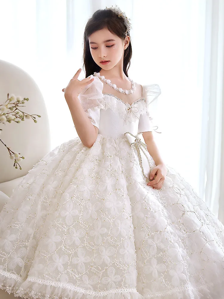 White Flowers Girls Dresses 2 14 Years Lace Tulle Flower Toddler Girl Princess For Kid Child Wedding Party Baby Bridesmaid Maxi Ball Gown Evening