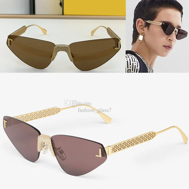 Lunettes de soleil yeux de chat de luxe pour femmes, verres sans cadre à la mode, verres à jambe en métal, lunettes décoratives de couleur claire avec étui de protection FOL084V1