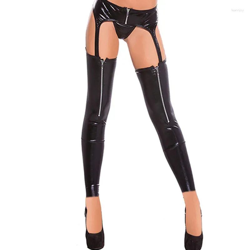 Calzini da donna Calze sexy in pelle per coscia Ghette erotiche femminili Cerniera in vita Collant gotici in lattice di vinile nero effetto bagnato