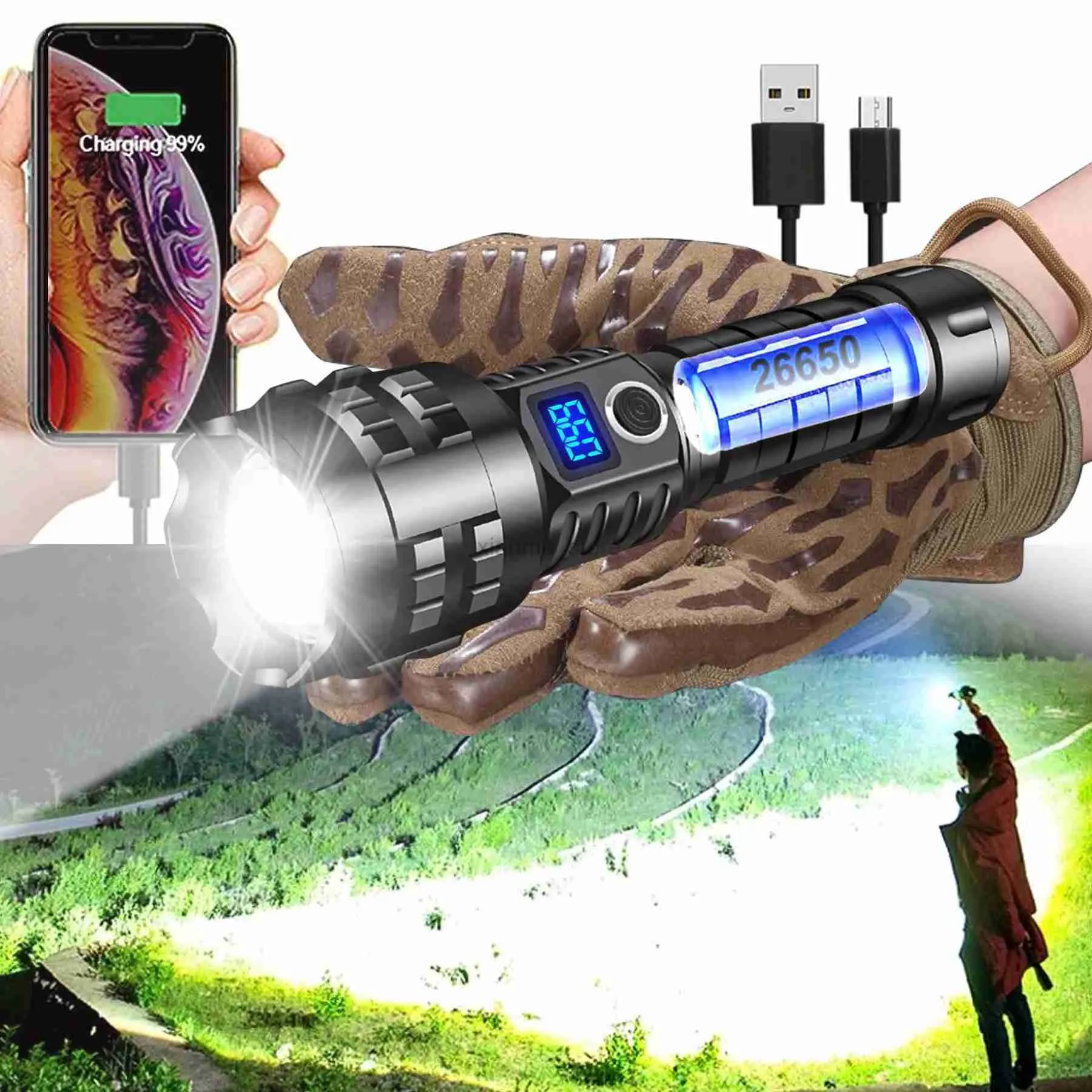 Ulepszenie latarki 1000000LM XHP90 XHP90 Najsilniejsza LED LED LASHLIGHT ATHARGUBLATED ZOOM LED TORCH BEST CAMPING AWARTY WAŻNEGO 240122