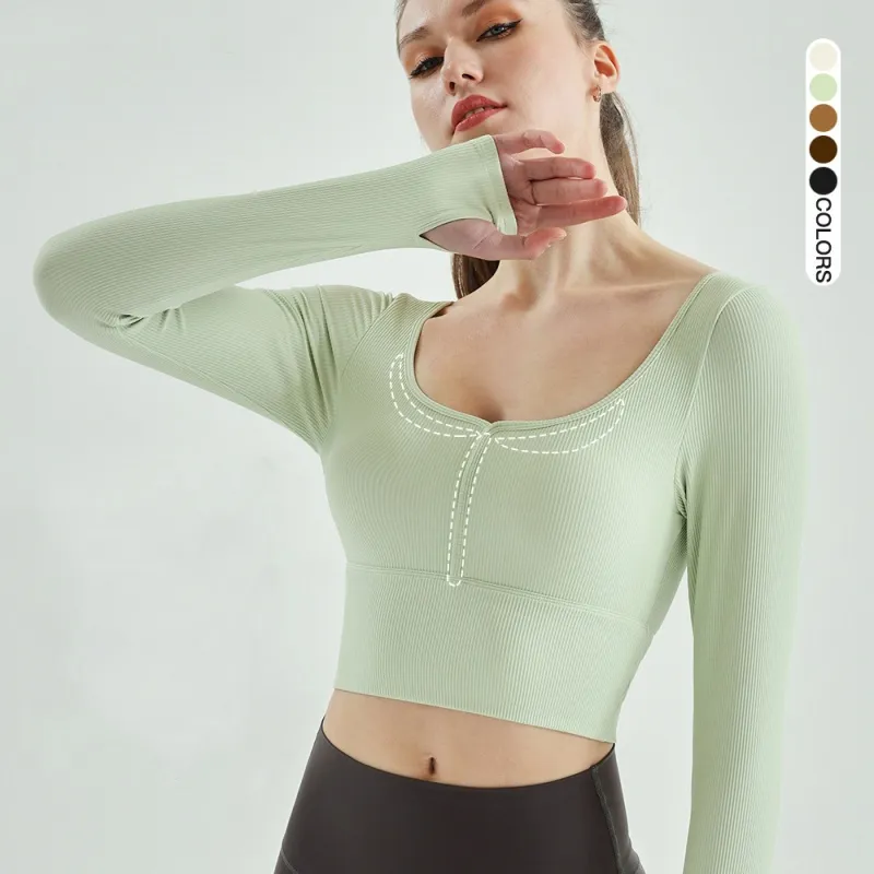 ll New Long sleeved Fitness Suit Fixed Cup Chest Cushion Sports Top Women's Finger Sleeves Tight External Wearing Yoga Clothes