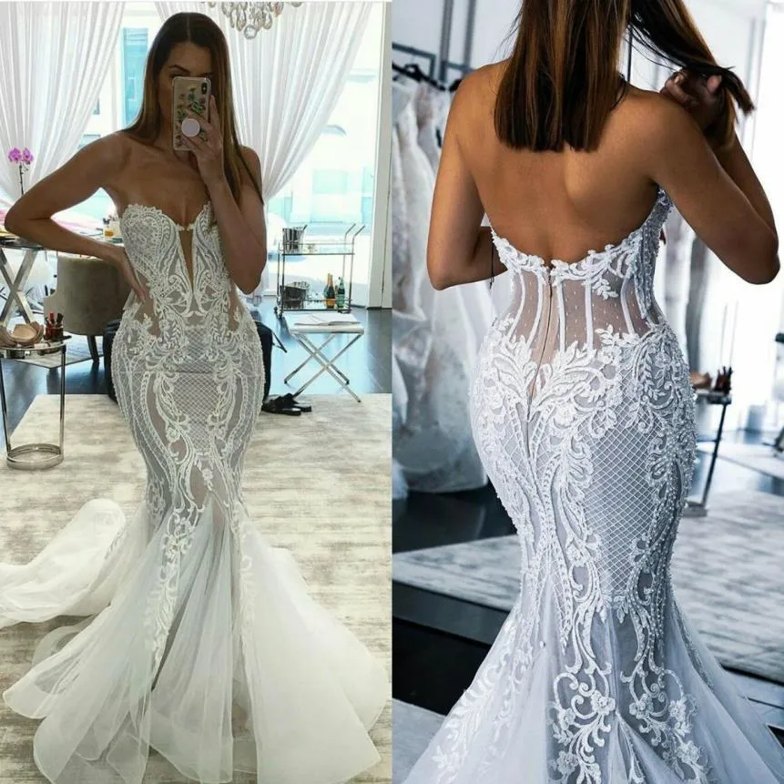 2020 Nouvelles robes de mariée sirène chérie dentelle appliques robe de mariée de plage balayage train grande taille Boho robes de mariée de Novia2657