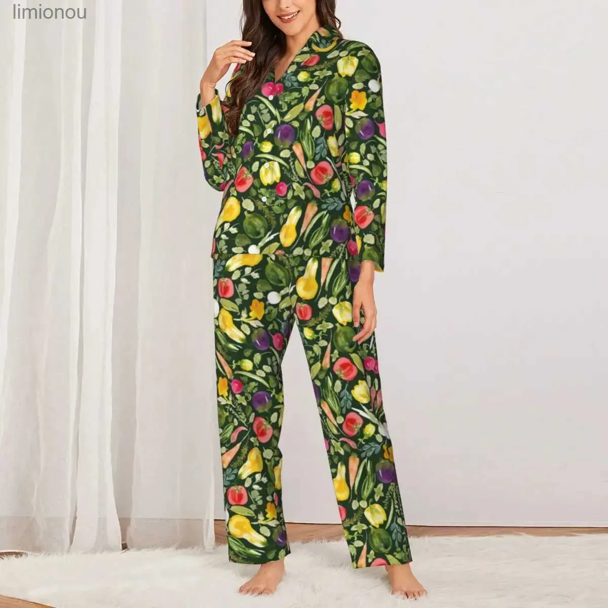 Women's Sleep Lounge Watercolor Vegetarian Sleepwear Autumn Vegetable Lover Vintage Oversized Pajama Set Lady Long Sleeve Soft Sleep Custom NightwearL240122