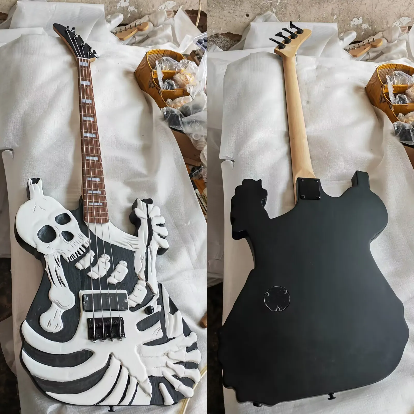 スカルデザイン エレキギター ブラック Hand Carved 4 String Skull Electric Bass Guitar With