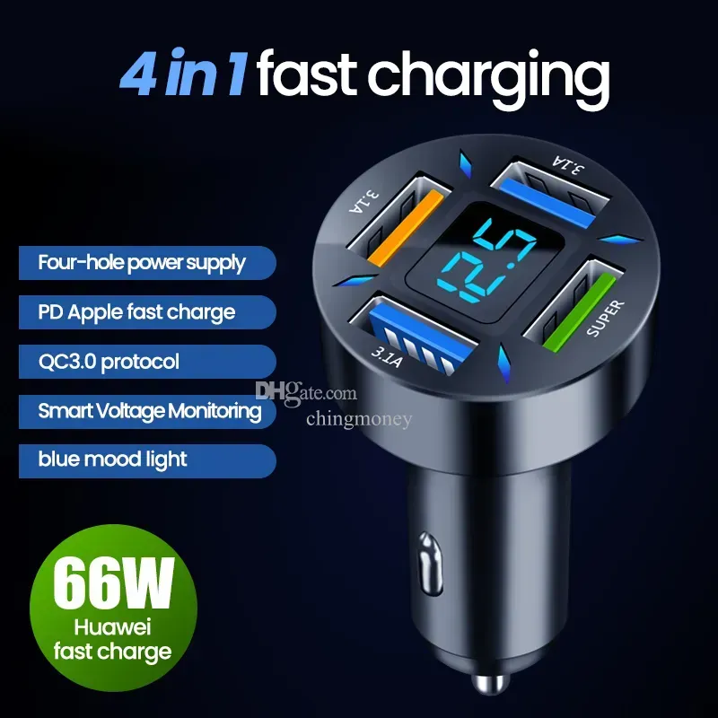 5 ports Charge rapide PD QC3.0 USB C 250W LED Chargeur de voiture Chargeur de téléphone de voiture Adaptateur de type C dans la voiture pour téléphone Android Huawei Xiaomi Huawei avec boîte de vente au détail