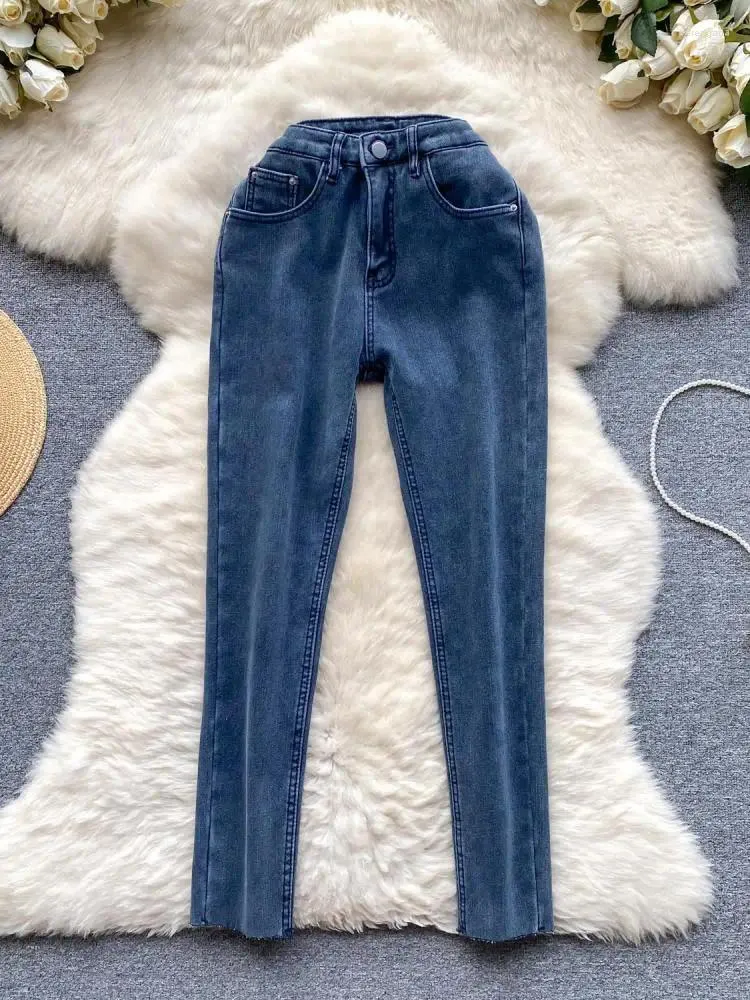 Frauen Hosen Winter Schwarz Dünne Knöchel-länge Jeans Blau Hohe-taille Dicke Warme Dünne Plüsch Bleistift Mode Weibliche graue Kleidung