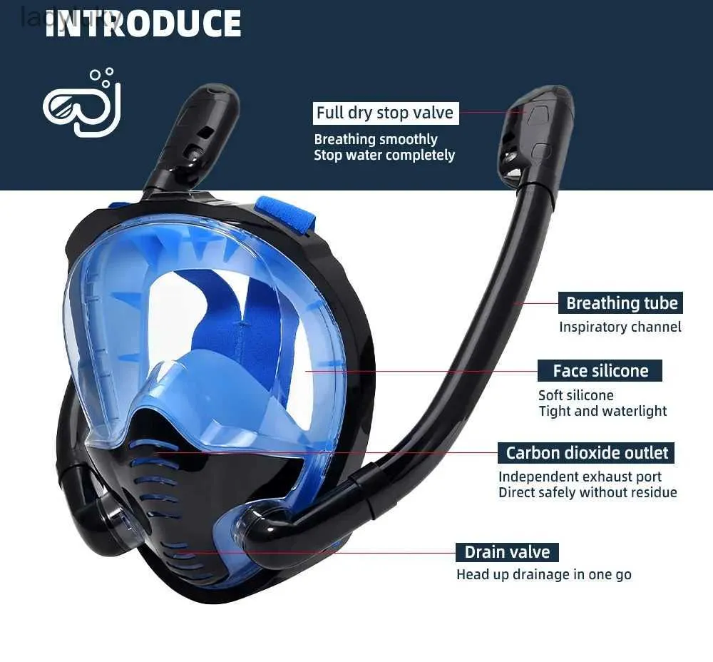 Masque Plongée Intégral Nauotk XL – Vision 180°, Anti-buée, Tuba Sec, Lunettes Amovibles, Support Caméra (pour >1,60 M)