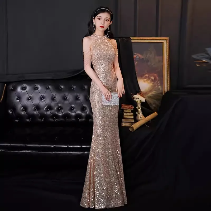 Gold Evening Dress Long Shinny New Halter Women Elegant Sequin Mermaid Maxi Prom Party Gown Abendkleider Robe De Soiree Vestidos