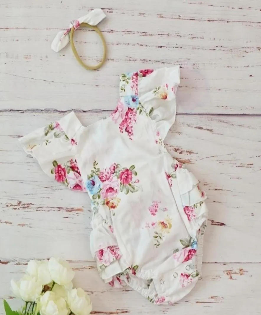 綿の女の赤ちゃんの服のコスチューム花柄のプリントヘッドバンドブティック夏新生児用ヴィンテージロンパーズジャンプスーツ0 3 6か月2019803616