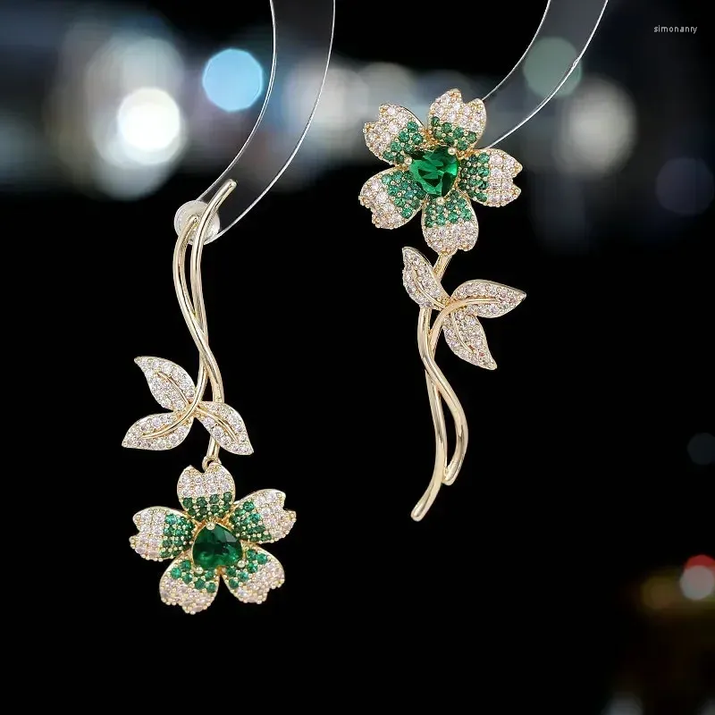 Kolczyki Dangle Błyszczące sześcienne z cyrkonu kwiat dla kobiet luksusowy biżuteria różowy zielony wieczór imprezowy prezent żeński