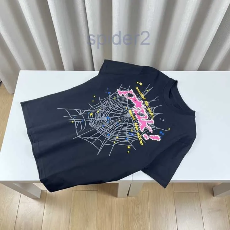 sp5derメンズTシャツデザイナーマンピンクブラックビーズシャツグラフィックティースパイダーパーカー555印刷