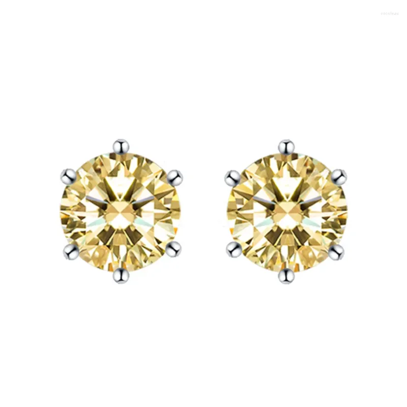 Boucles d'oreilles à tige classique à la mode, ensemble de six griffes, diamant jaune de 6mm, argent 925, Zircon 5A