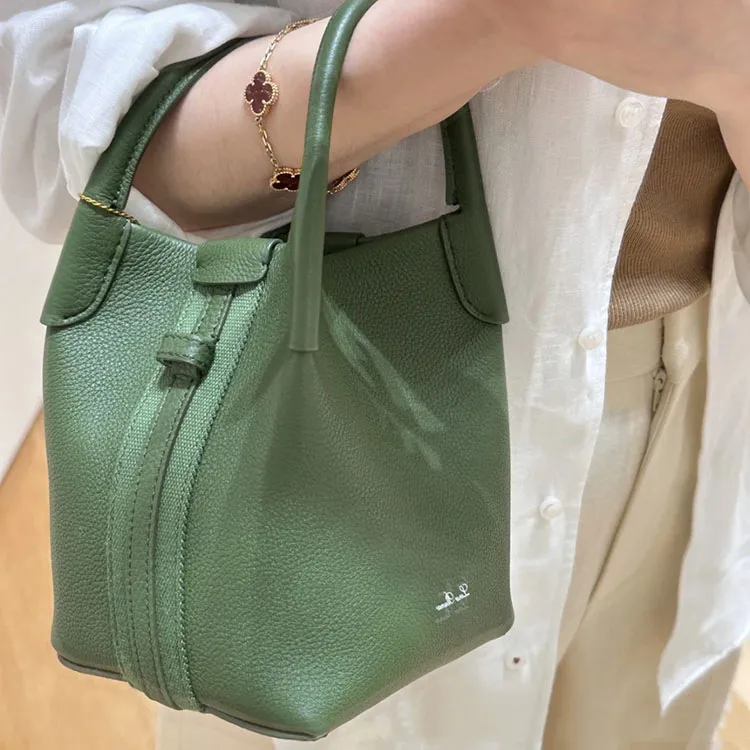 Litchi Patterned Cowhide Bucket Bag Genuine Leather One Shoulder Crossbody Bag Handbag Cabbage Basket Bag