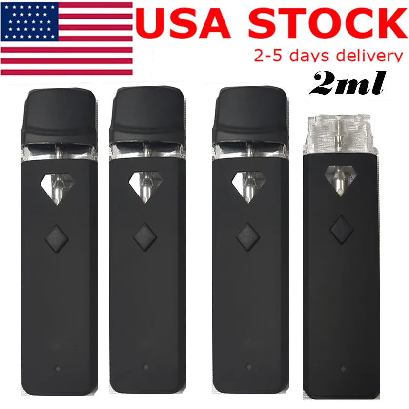 USA Stock 2ML Förvärmning Vape Pen Emptom engångs e-cigarettknappar Vångare Snap In Tips Pods Ceramic Coil Thick Oil Carts Readgeble 320mAh Battery Pennor