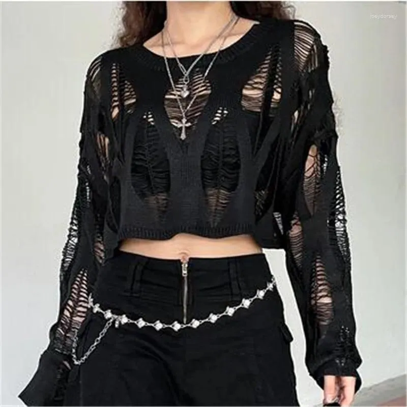 Women's Polos Perforated Hollow Out Knitted Blouse Sunscreen Long Sleeve Top Gothic Dark Black Sexy Thin Sweater Summer Chic Crop Tops