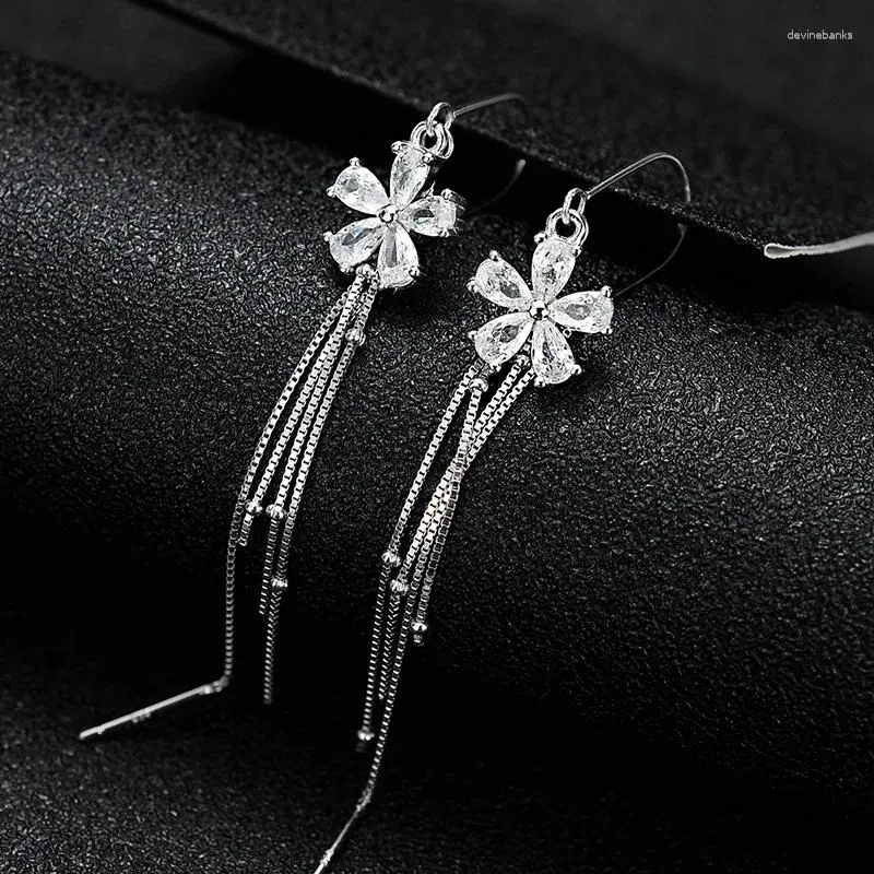 Dangle Oorbellen Korea Trend 925 Sterling Zilver Lange Kwast Voor Vrouwen Kristal Bloem Oor Draad Zirkoon Sieraden 2024 Luxe Mode