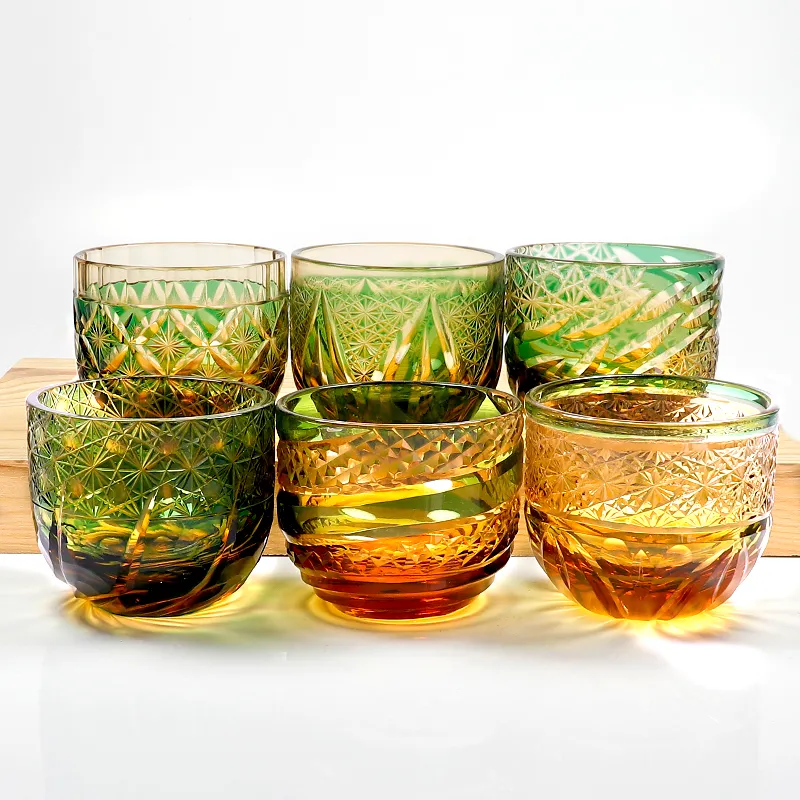 Japansk Sake Cup Shot Glass Tea Cup Edo Kiriko Style Handmade kopp för bordsrestaurang Amber Glass