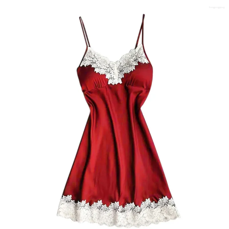 Chemise de nuit pour femmes, chemise de nuit en dentelle, vêtements de nuit pour femmes intimes, robe de nuit sexy en satin de soie, sans manches, col en V