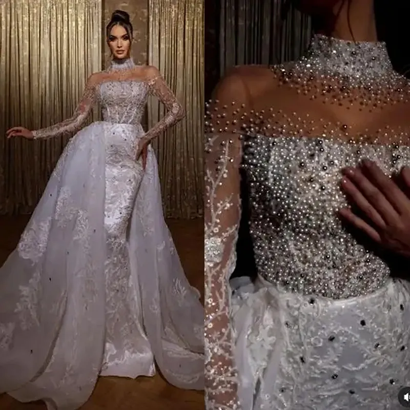 Trendy Dubai High-Neck Long Sleeve Beading Lace Mermaid Wedding Gown TWA249