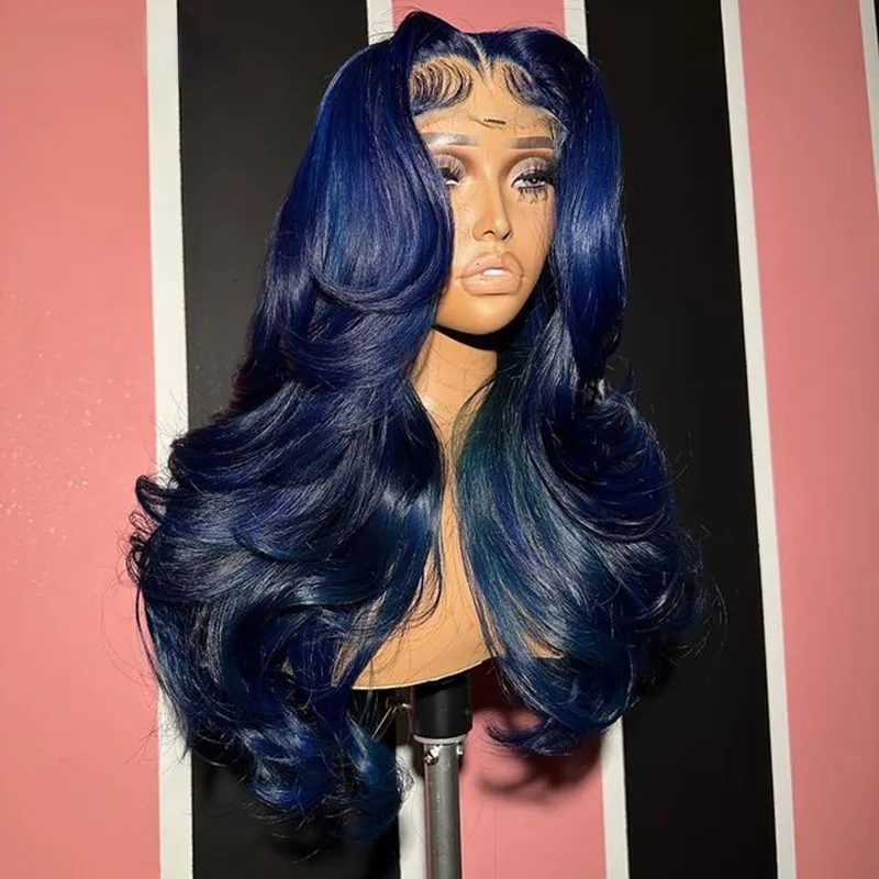 360 Dark Navy Blue Body Wave Human Hair Wig 200% Highlight  display picture 3