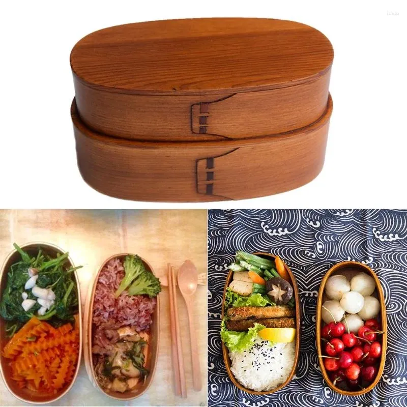 Stoviglie Contenitore per il pranzo in legno naturale giapponese a doppio strato per esterni Bento Contenitore per la scuola da picnic per studenti bambini