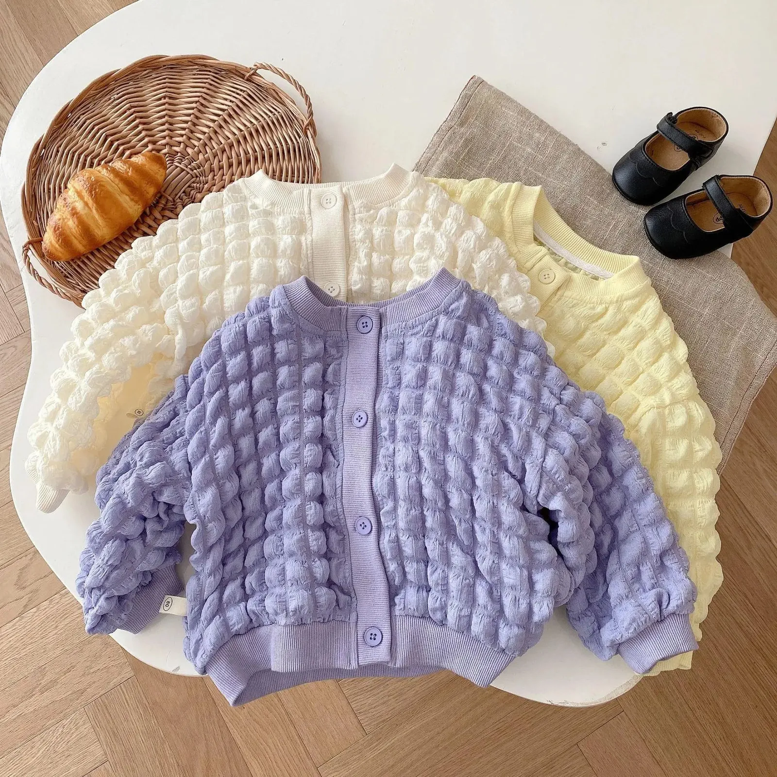 Automne enfants bébé fille veste 08 ans enfants couleur unie à manches longues bulle Plaid manteau lâche Cardigan hauts vêtements d'extérieur 240122