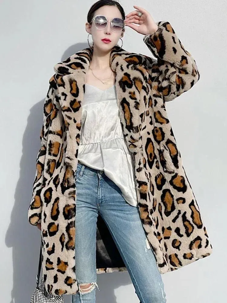 Ceketler Yeni Doğal Tavşan Kürk Matar Uzun Leopar Desen Takım Takım Deri Kemer Moda Kış Kadınlar Gerçek Tavşan Kürk Ceket