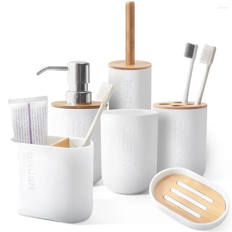 Ensemble d'accessoires de bain blanc Simple, fourniture de salle de bain à domicile, porte-savon en bambou, tasse de bain de bouche, porte-brosse à dents, bouteille de rangement, support de lavage