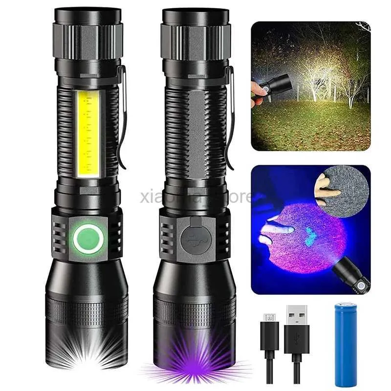 Flashlights Rechargeable UV Flashlight 3in1 Super Bright Tactical 20000 Lumen Waterproof Pocket Flashlight for Pet Stains Detection Camping 240122