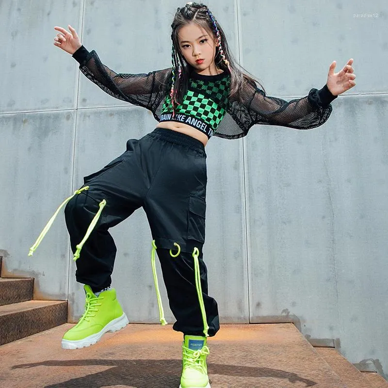 Scene Wear Hip Hop Pants Jazz Street Dance Ballroom Dancing Clothes Girls Net Tops Green Lattice Vest Loose Black