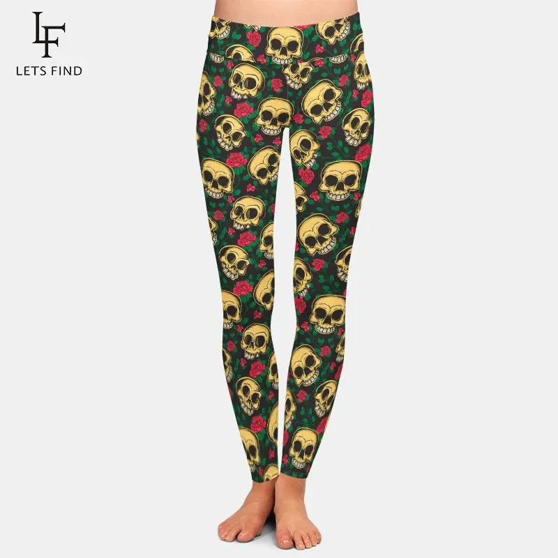 Capris New Arrival Skull and Rose Print High Waist Women Leggings Fashion Elastic Milk Silk Sexy Leggings Woman Pants