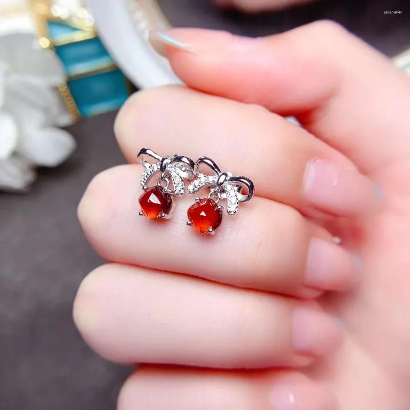 Boucles d'oreilles MeiBaPJ avec nœud en grenat naturel, en argent Sterling 925 véritable, pierre rouge, bijoux à breloques fines pour femmes
