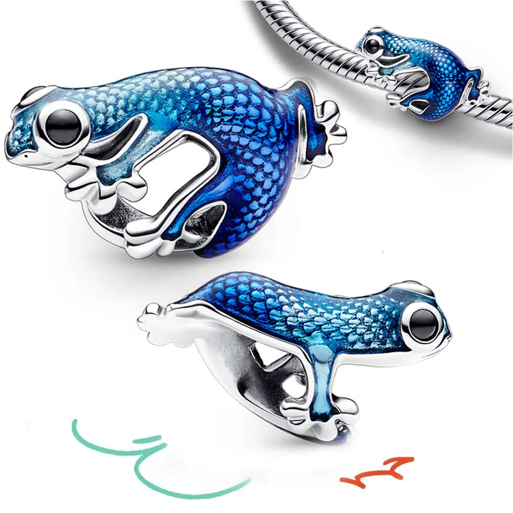 Cute Animal Sterling Sier Metallic Gecko Charm Fit Bracelet Blue Enamel Jewelry Women Necklace Gift Ma