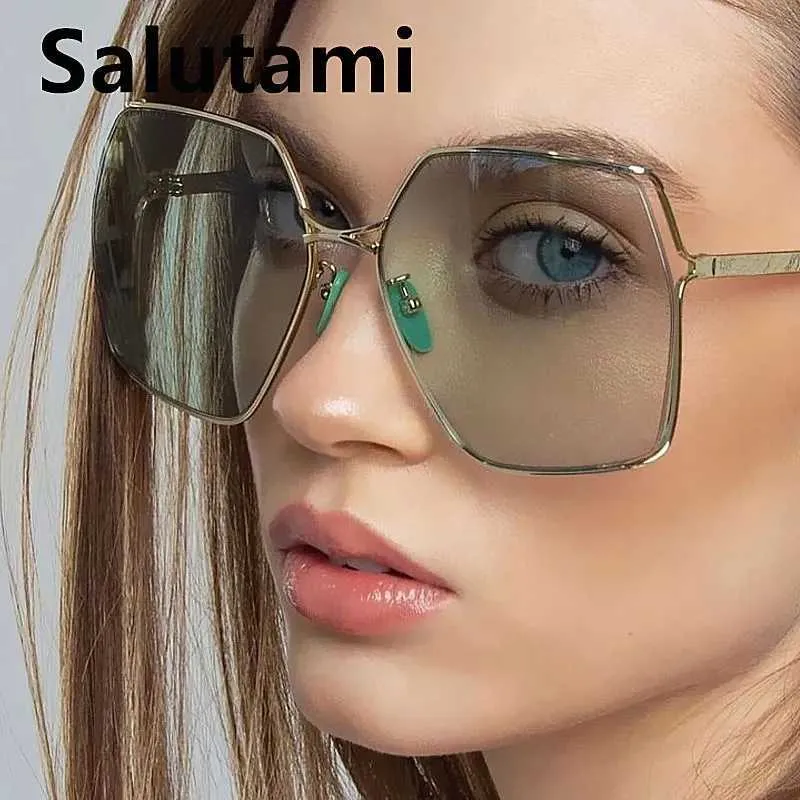 Sunglasses New Luxury Brand Hollow Lens Sunglasses For Women Vintage Alloy Oversized Gradient Sun Glasses Female Elegant Green Blue Shades YQ240120