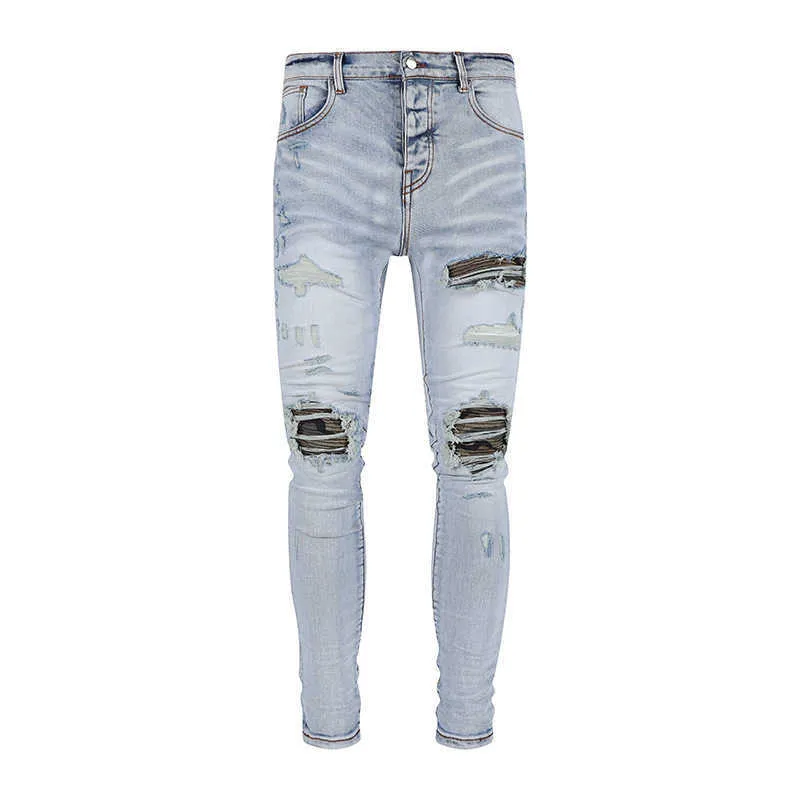 Jeans masculinos de marca de alta rua na moda jeans masculino buraco remendo jeans na moda magro ajuste leggings