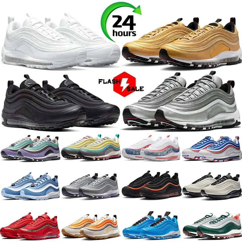 Designer Running Shoes para Homens Mulheres 97 97s Silver Bullet Triple Branco Preto Jogo Royal Metallic Gold Sail Mens Treinadores Esportes Sapatilhas Tênis