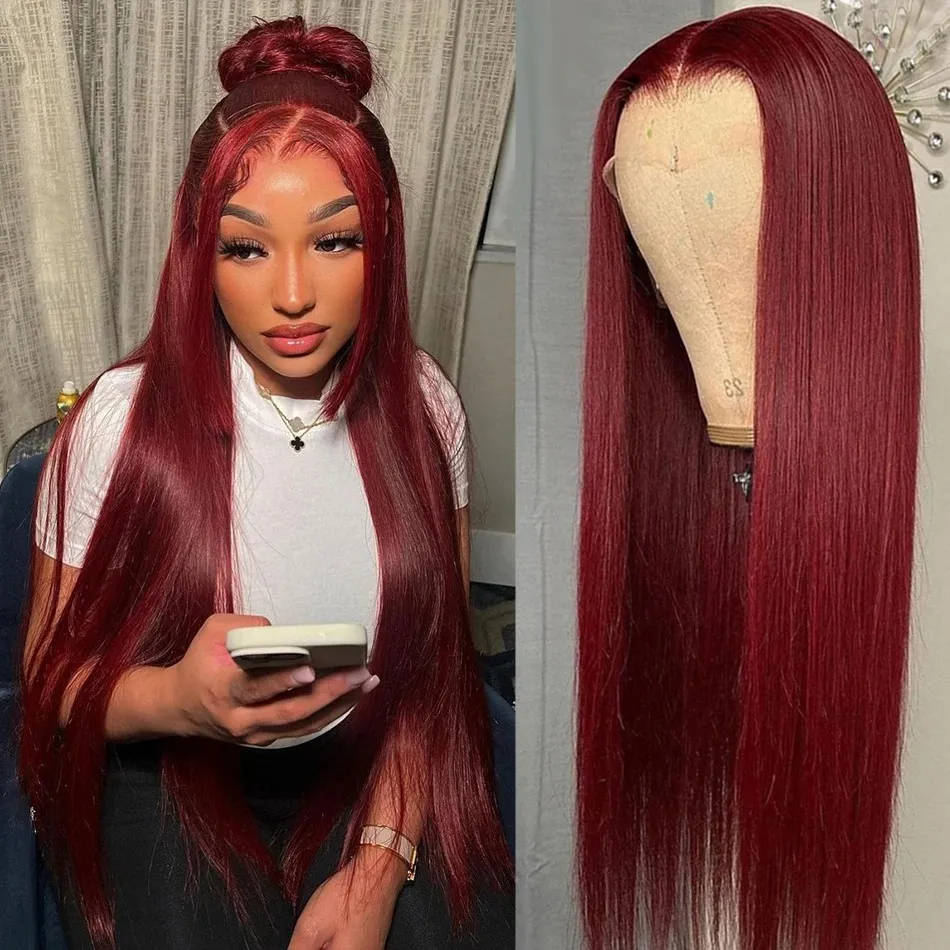 30 tum 99J Bourgogne Glueless Preplucked Human Hair Front Wigs 13x6 HD Spets Frontal Wig 13x4 Färgad ben Stak peruk för kvinnor