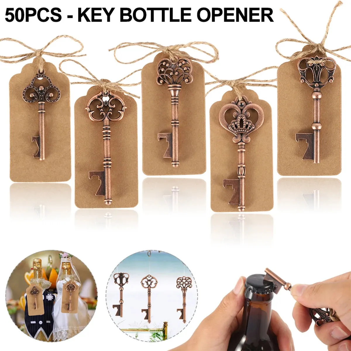 50Pc Key Bottle Opener Vintage Metal Beer with Jute String and Label Decor for Guest Party Favors Wedding Souvenir 240122