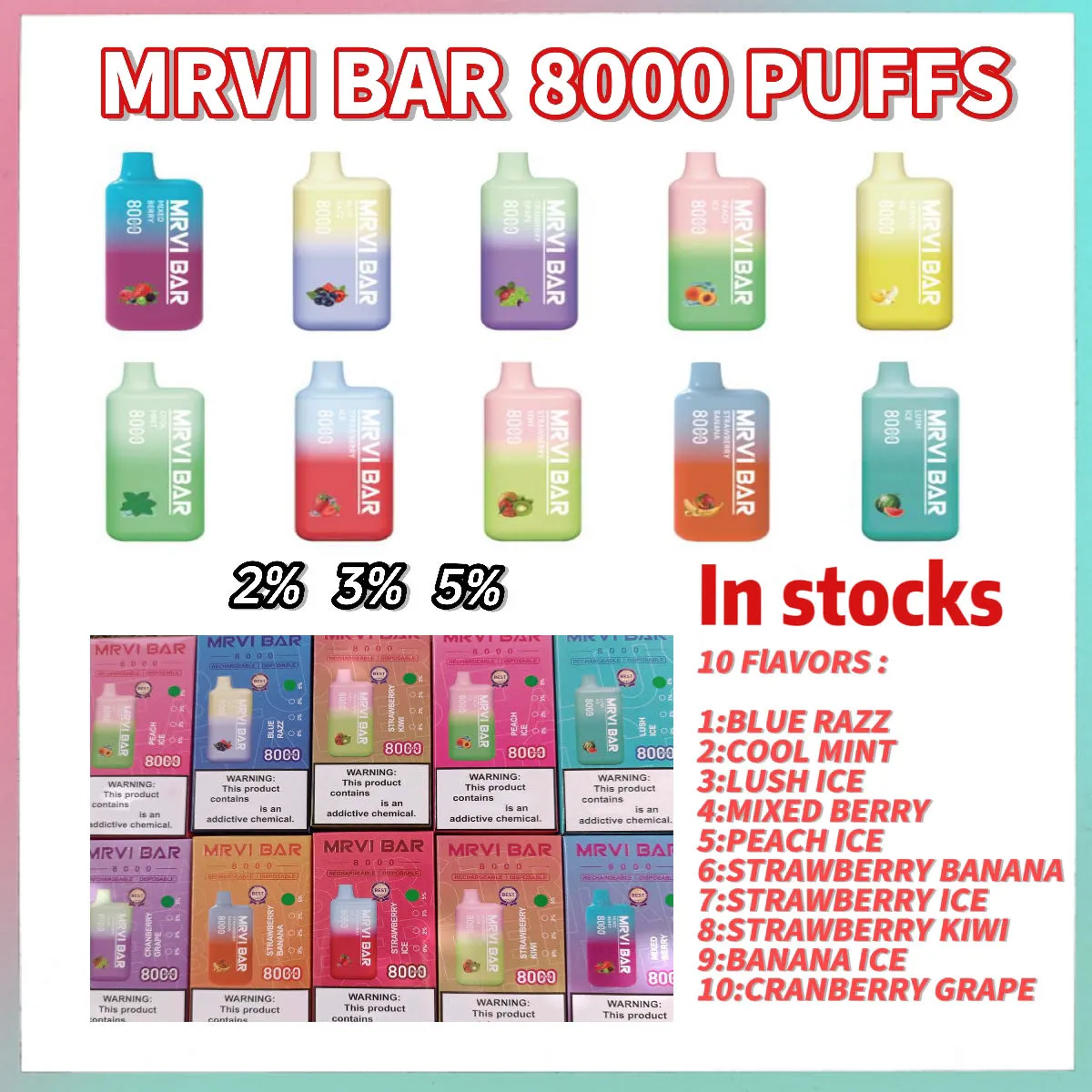 Vaper Puff 9kオリジナルMRVIバー8000パフ在庫の使い捨ての蒸気10フレーバー2％3％5％Eタバコ無料船