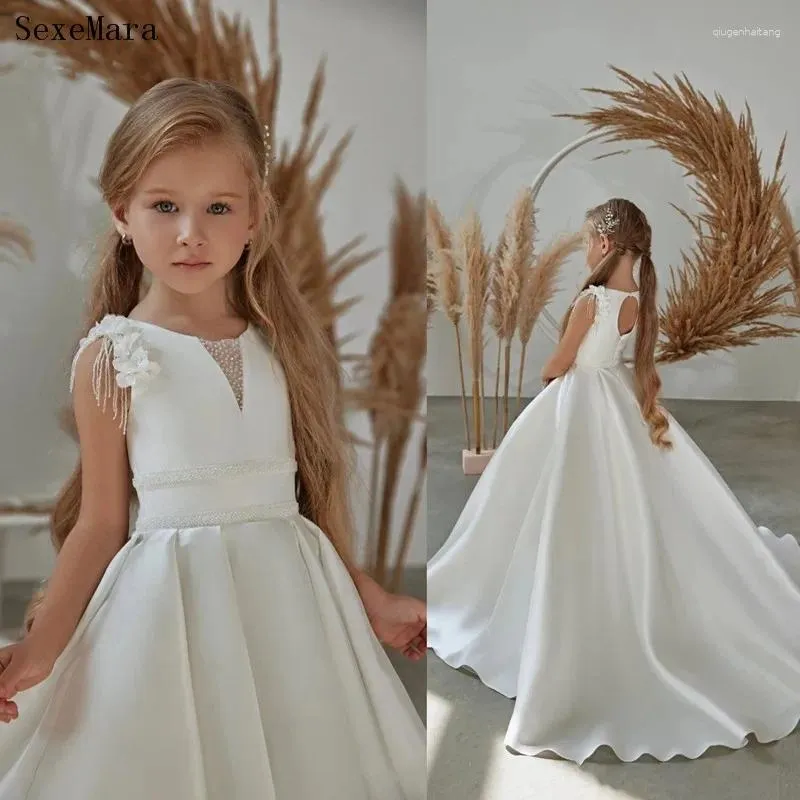 Abiti da ragazza Abito a fiori bianco avorio Abito a sbuffo Decorazione di perline Principessa in raso Festa di nozze Prima comunione per ragazze