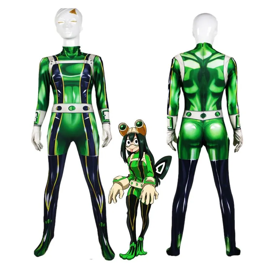 Vuxna kvinnor barn cosplay boku ingen hjälte akademi asui tsuyu halloween anime moive seperhero kostym zentai jumpsuit bodysuit catsuit8920808